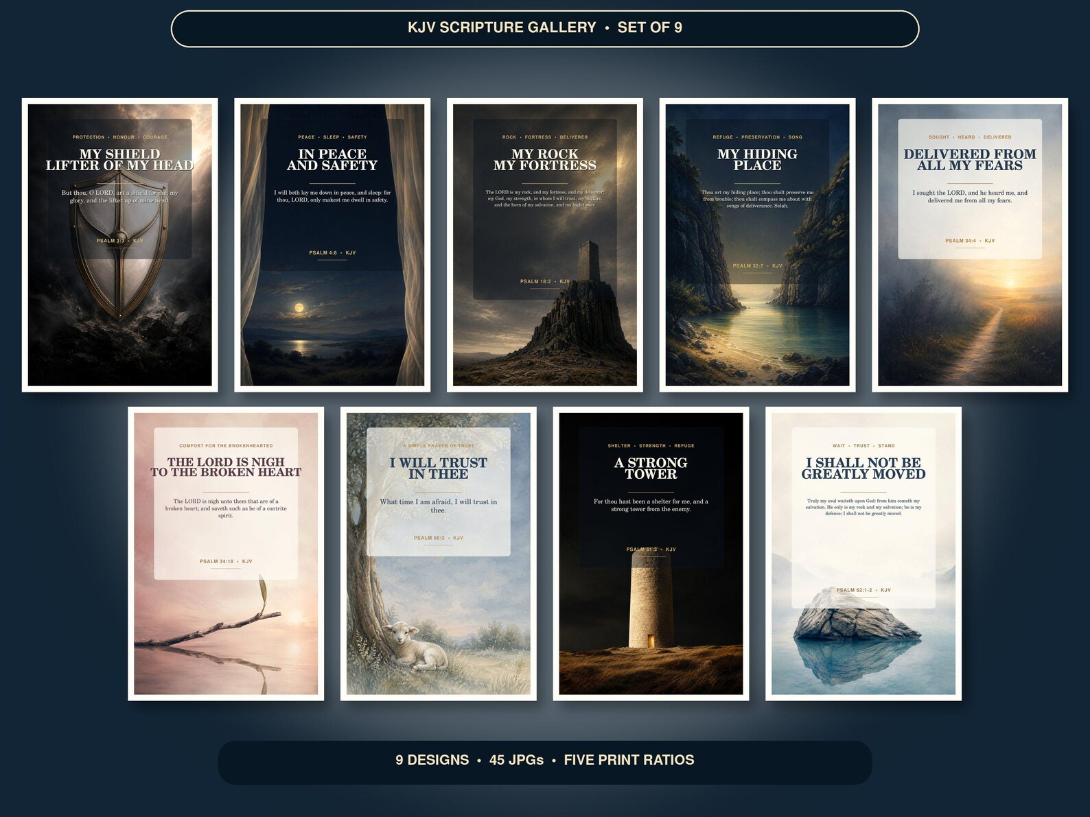 Psalms Protection and Peace Wall Art Set of 9, KJV Bundle showing all 9 included Christian printable designs.