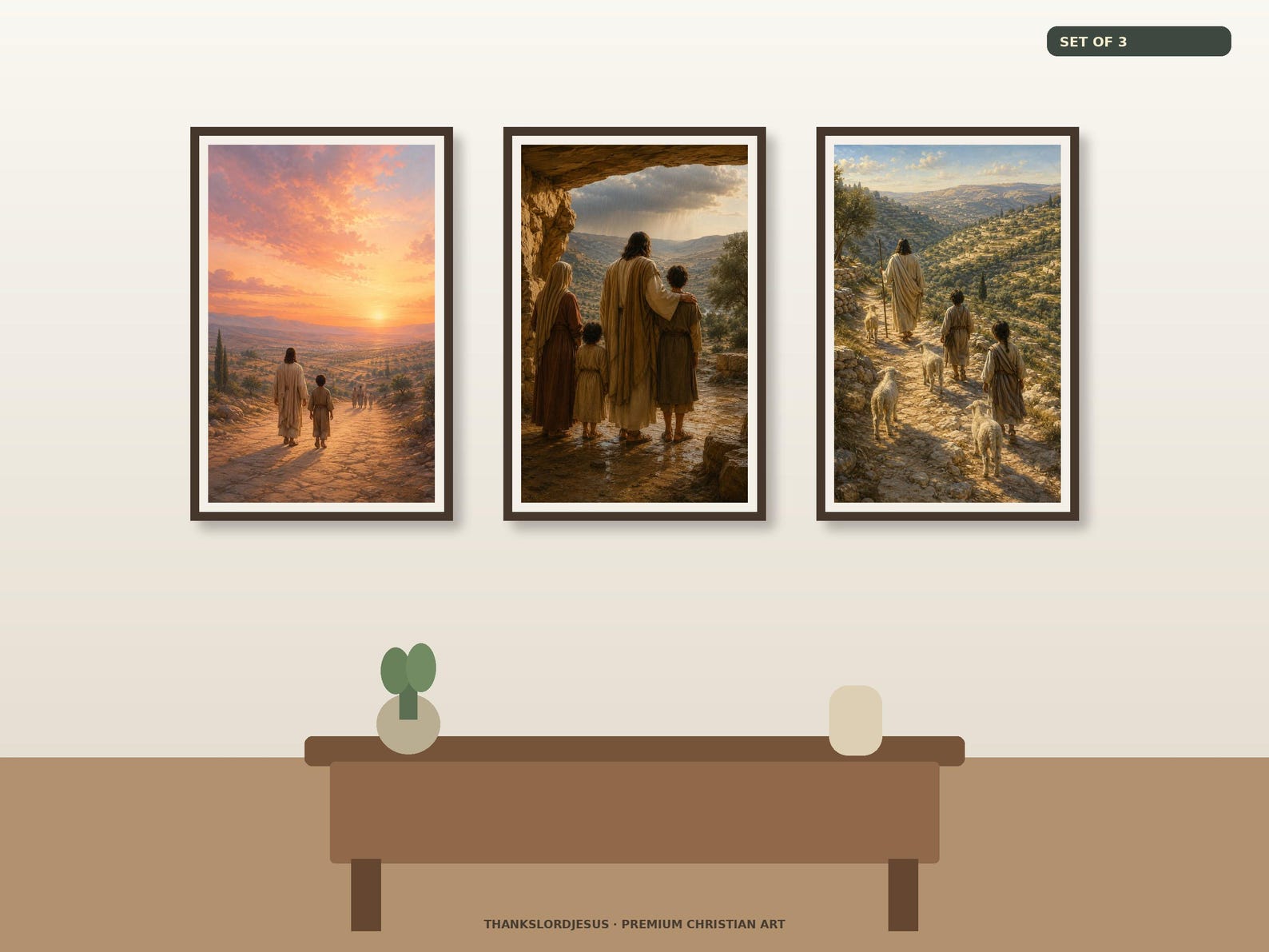 Clean airy hero gallery mockup for Safe With Jesus Children Art Set of 3, with all 3 designs clearly visible as a coordinated framed collection.