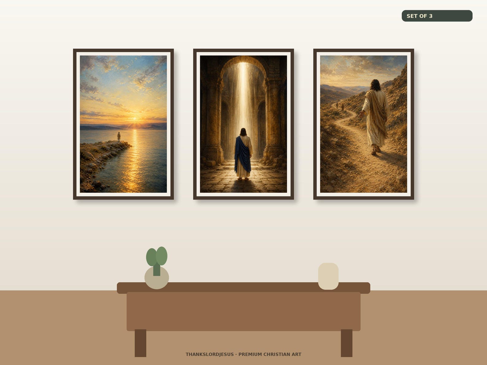 Sunrise and Follow Me Jesus Set of 3 premium Jesus wall art Sunrise and Follow Me Jesus Set of 3 premium Christian wall art bundle displayed as a clean gallery with all 3 included artworks visible.