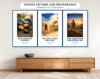 Stones Victory and Deliverance Set of 3, David and Goliath Printable Wall Art, 1 Samuel 17 KJV Christian Decor Bundle