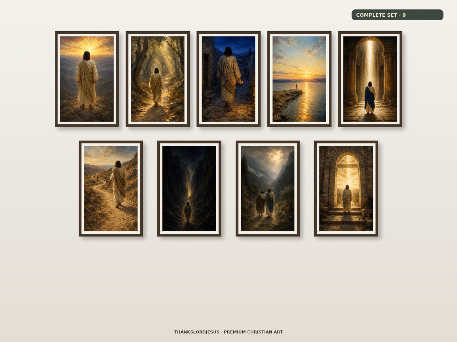 Light of the World Complete Set of 9 premium Jesus wall art Light of the World Complete Set of 9 premium Christian wall art bundle displayed as a clean gallery with all 9 included artworks visible.