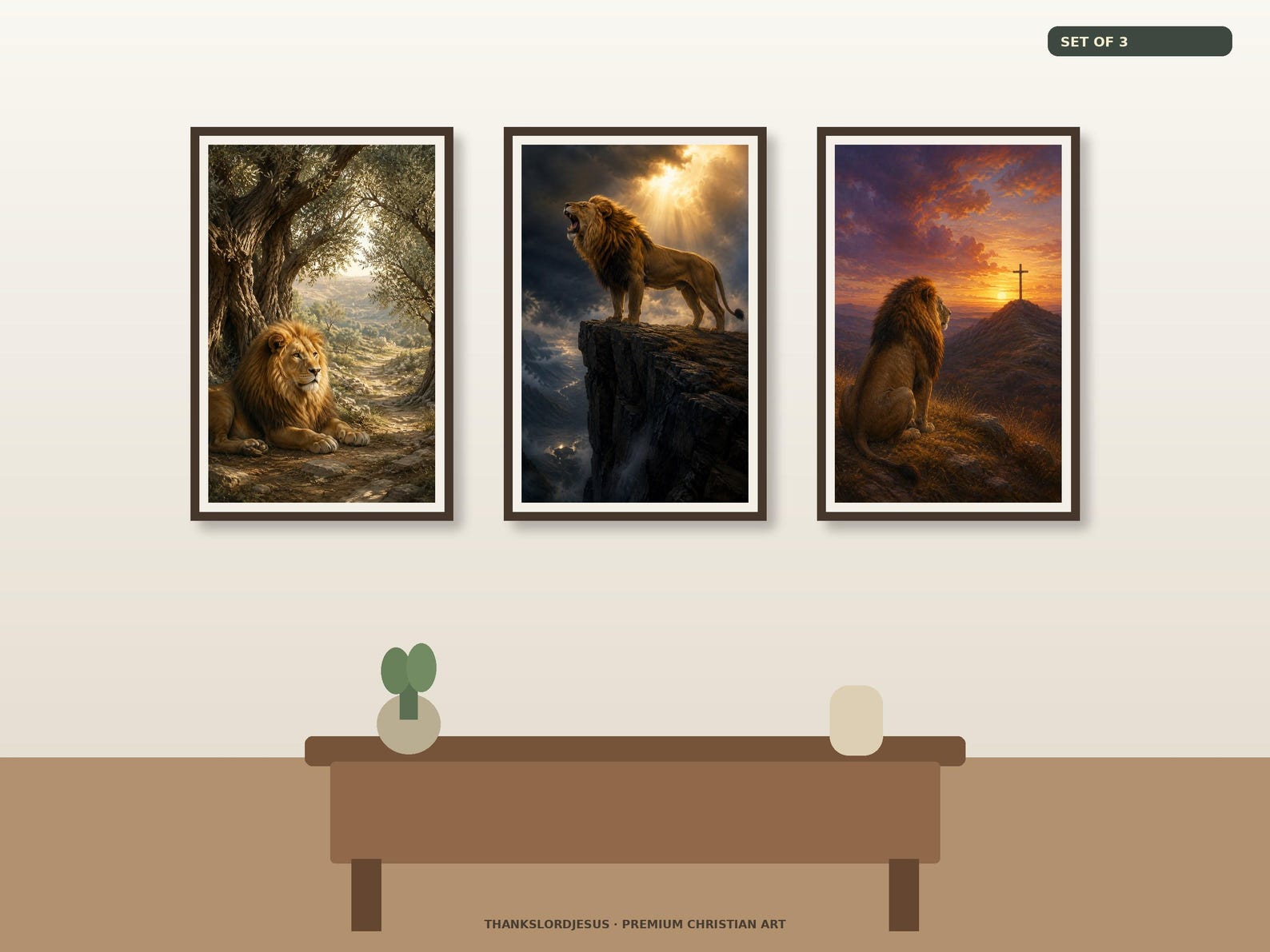 Neutral hero mockup for Lion of Judah Peace Storm and Cross Set of 3, with all 3 coordinated prophetic lion artworks visible as the main focus.