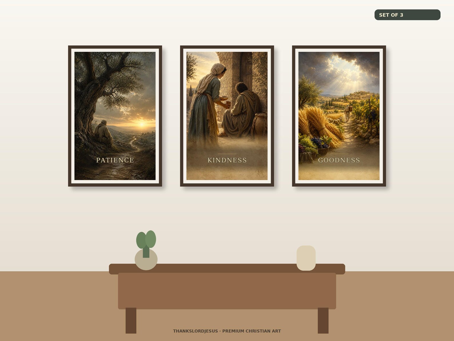 Neutral hero mockup for Patience Kindness and Goodness Fruit of the Spirit Set of 3, with all 3 coordinated Fruit of the Spirit artworks visible as the main focus.