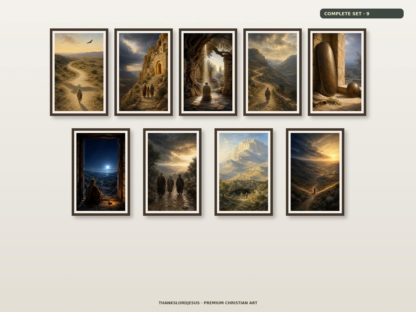 Clean airy hero gallery mockup for Psalm 91 Divine Protection Complete Set of 9, with all 9 designs clearly visible as a coordinated framed collection.