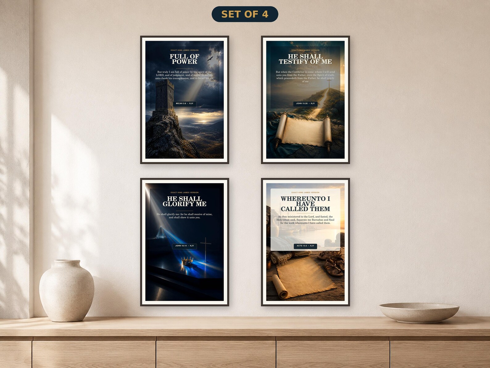 Holy Spirit Prophetic Calling Wall Art Set of 4, KJV Ministry Office Prints Prophetic Calling • Set of 4 KJV Holy Spirit wall art set of four with a bold ministry-office gallery combining watchtower, gospel path, crown-cross prism, and missionary travel still life.