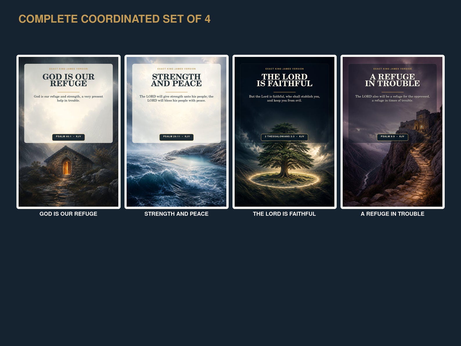 KJV comfort and protection wall art set of four with refuge, peaceful cove, guarded cedar, and safe-place Scripture designs.
