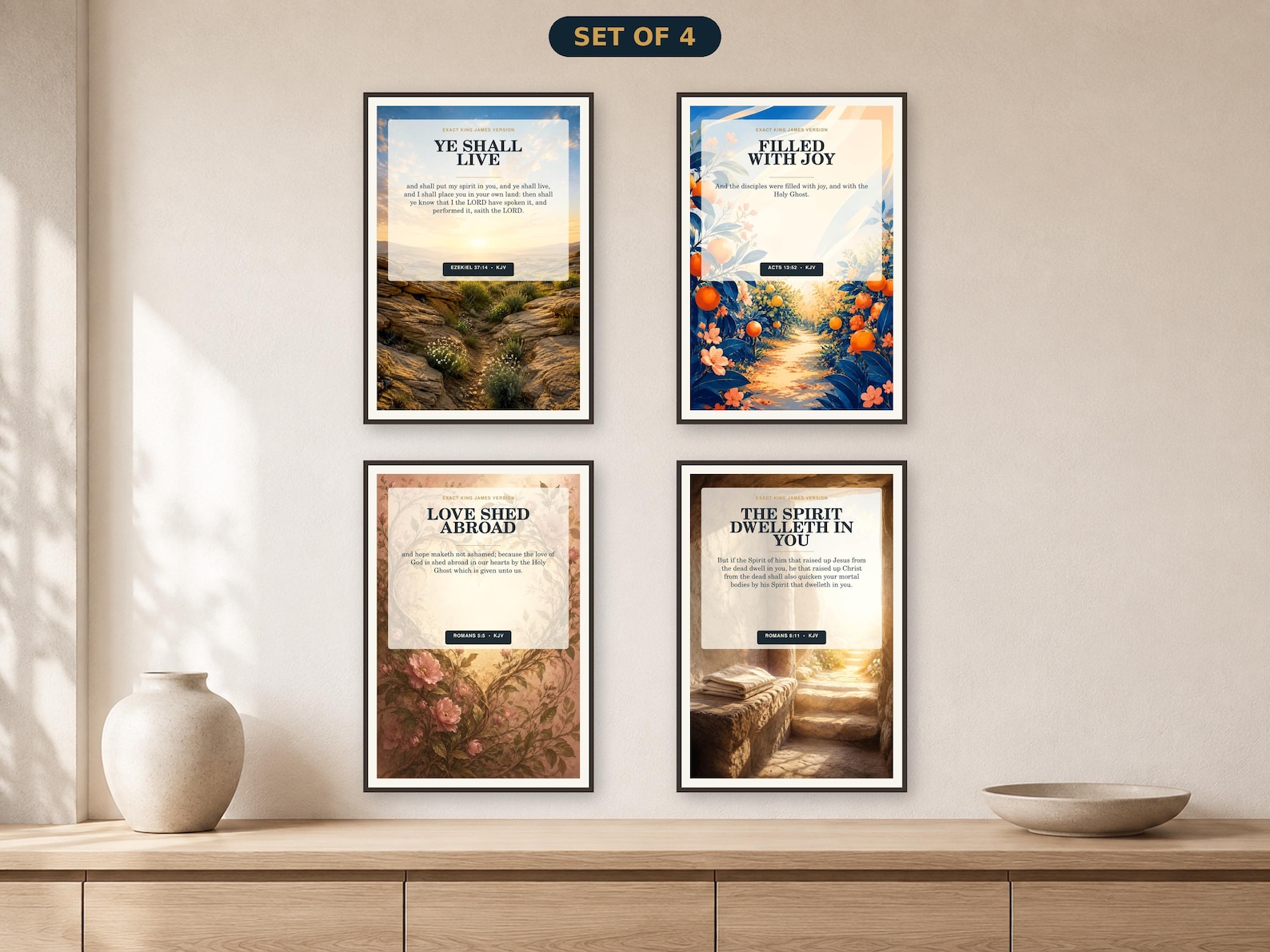 Joy Love Life • Set of 4 KJV Holy Spirit wall art set of four with a colorful hope gallery joining desert bloom, orchard joy, botanical heart, and empty-tomb dawn compositions.