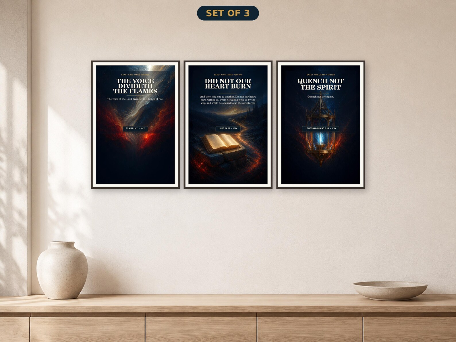 Sacred Fire Trinity Scripture Set of 3, Father Son Holy Spirit KJV Sacred Fire and Glory Father Son Holy Spirit wall art set of three coordinated exact-KJV printable designs.