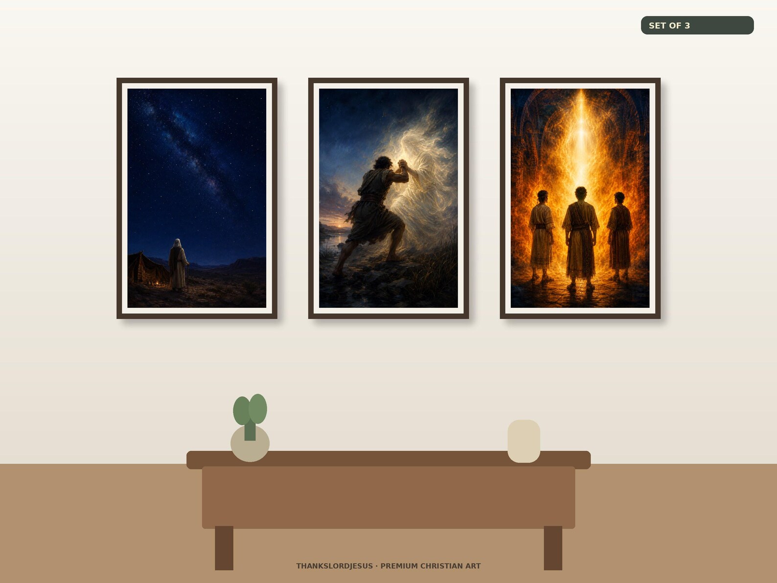 Clean airy hero mockup for Old Testament Covenant and Courage Set of 3, with all 3 coordinated epic Bible story designs fully visible on a premium neutral wall.