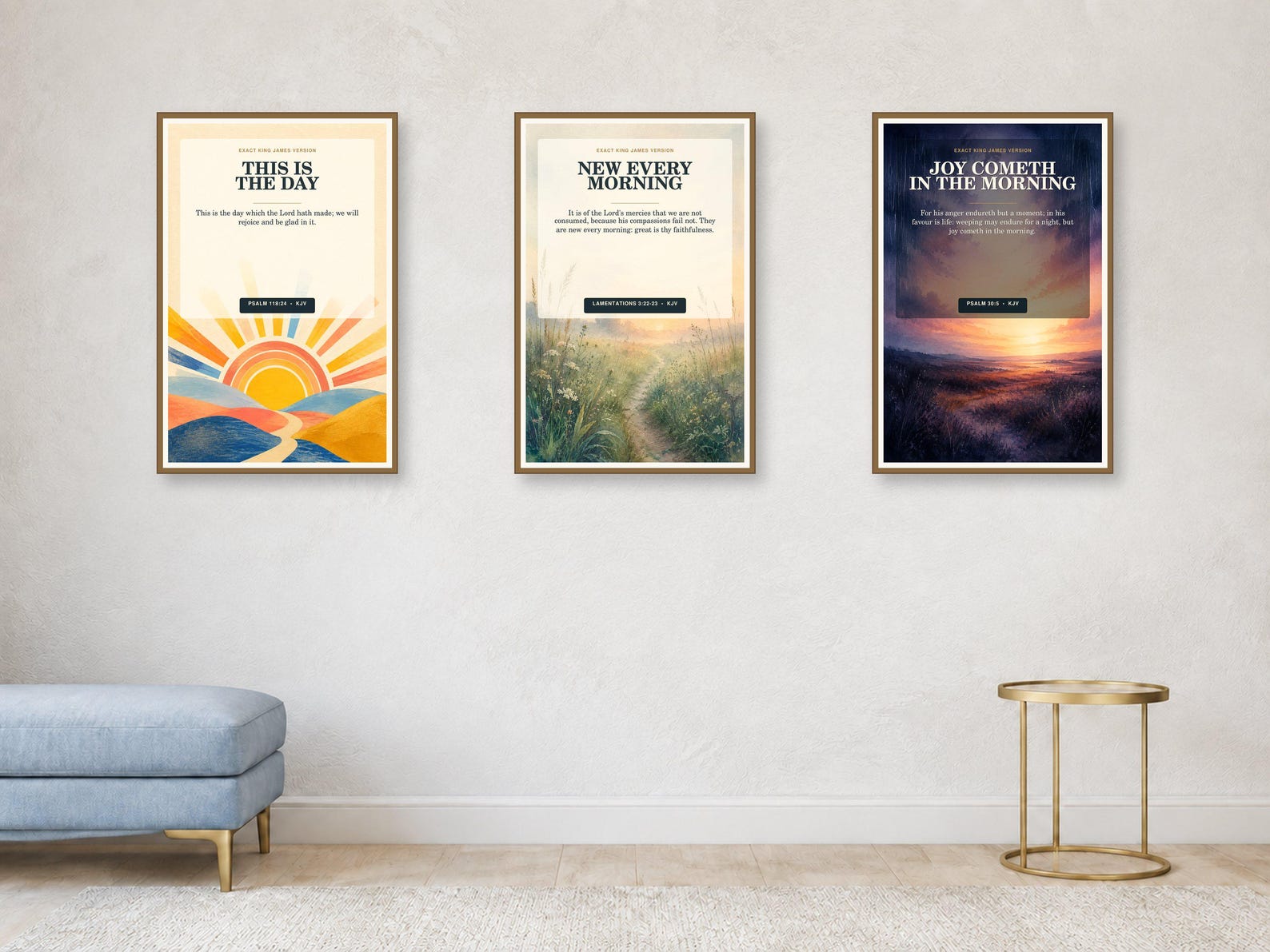 Morning Joy and Mercy Wall Art Set of 3, KJV Prints Morning Joy and Mercy Wall Art Set of 3, KJV Prints showing all 3 included Christian printable designs.