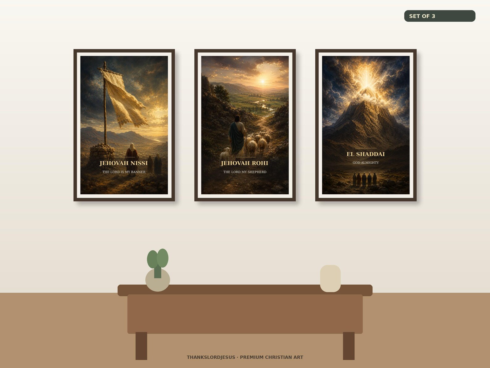 Neutral hero mockup for Banner Shepherd and Almighty Names of God Set of 3, with all 3 coordinated Names of God artworks visible as the main focus.