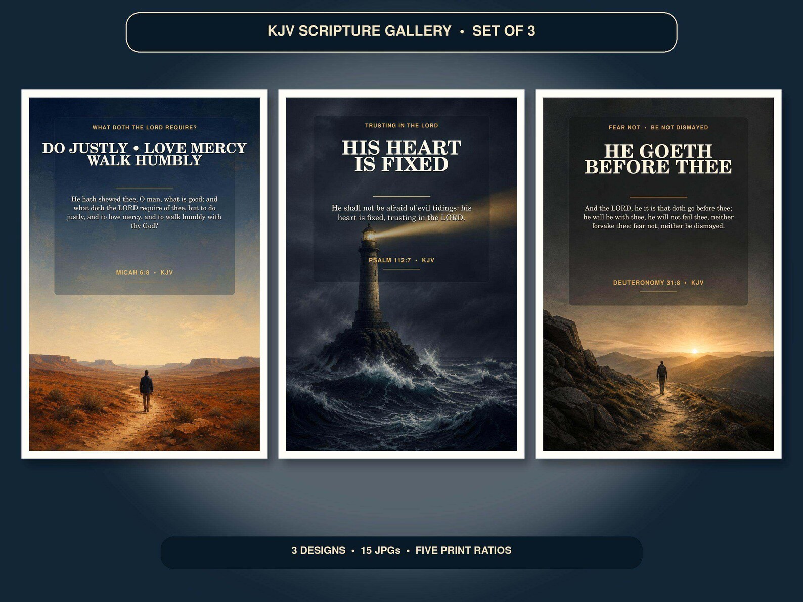 Men of Faith Wall Art Set of 3, KJV Courage Prints showing all 3 included Christian printable designs.