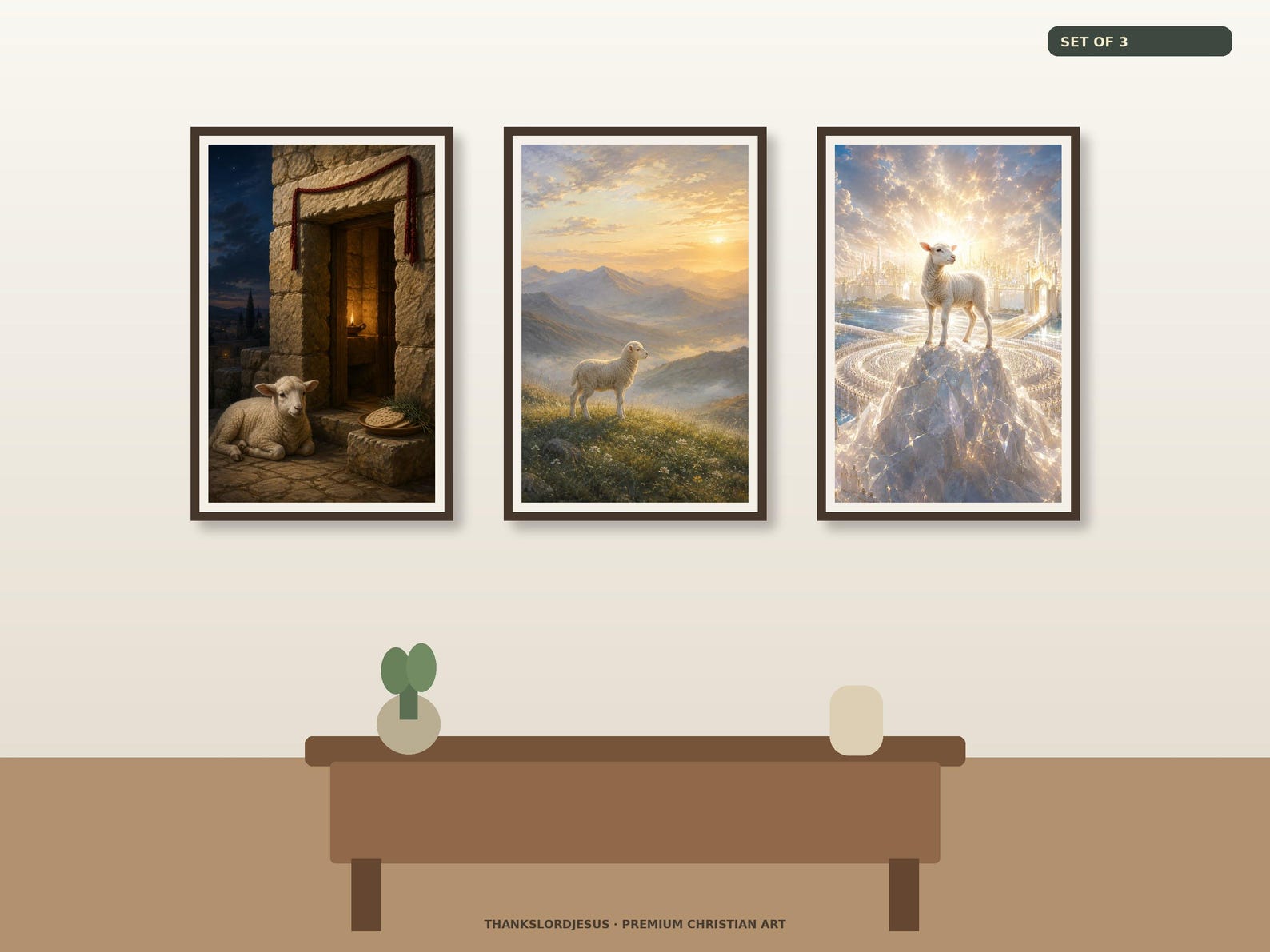 Neutral hero mockup for Passover Dawn and Revelation Glory Set of 3, with all 3 coordinated Lamb of God artworks visible as the main focus.