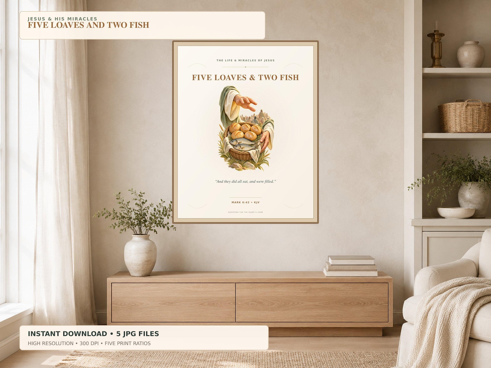 Five Loaves and Two Fish Printable Wall Art, a Christian digital printable from the Jesus Christ collection by Thanks Lord Jesus