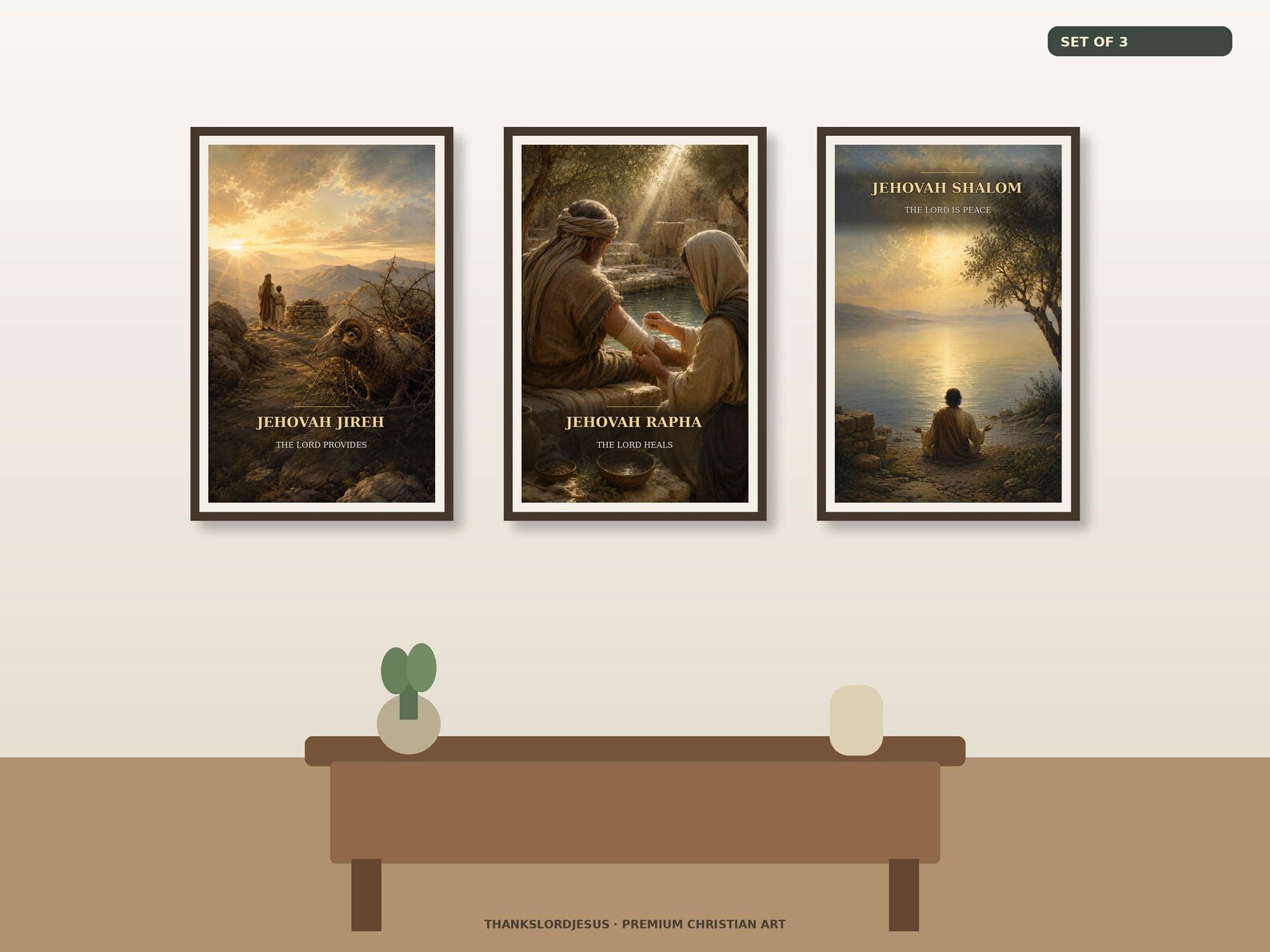 Neutral hero mockup for Provision Healing and Peace Names of God Set of 3, with all 3 coordinated Names of God artworks visible as the main focus.