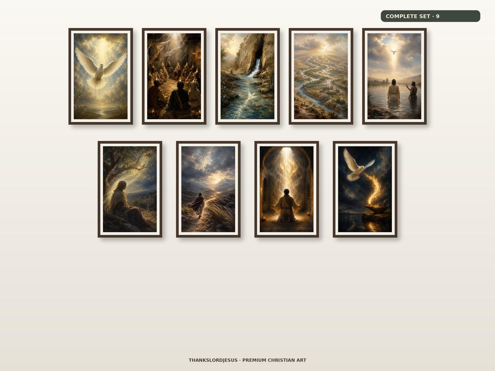 Clean airy hero mockup for Complete Holy Spirit Pentecost Premium Set of 9, with all 9 coordinated Holy Spirit designs fully visible on a premium neutral wall.