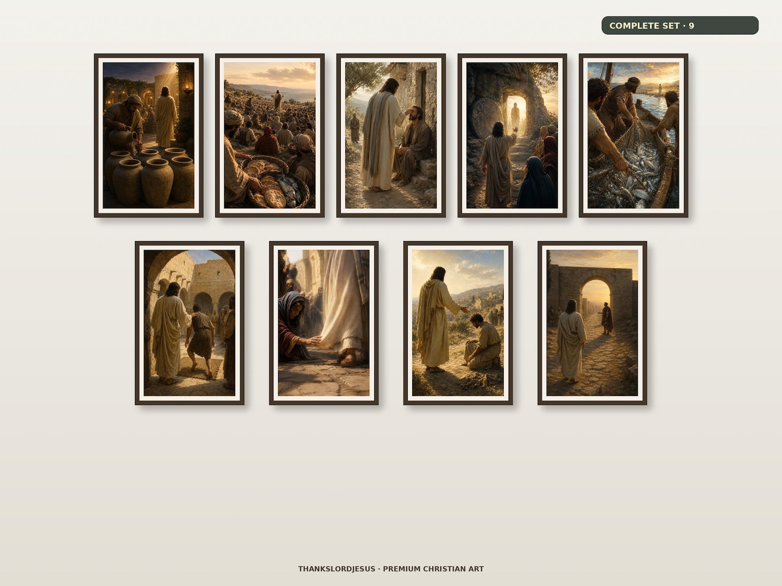 Clean airy hero gallery mockup for Miracles of Jesus Complete Collection Set of 9, with all 9 framed Gospel miracle designs clearly visible in a coordinated premium gallery.