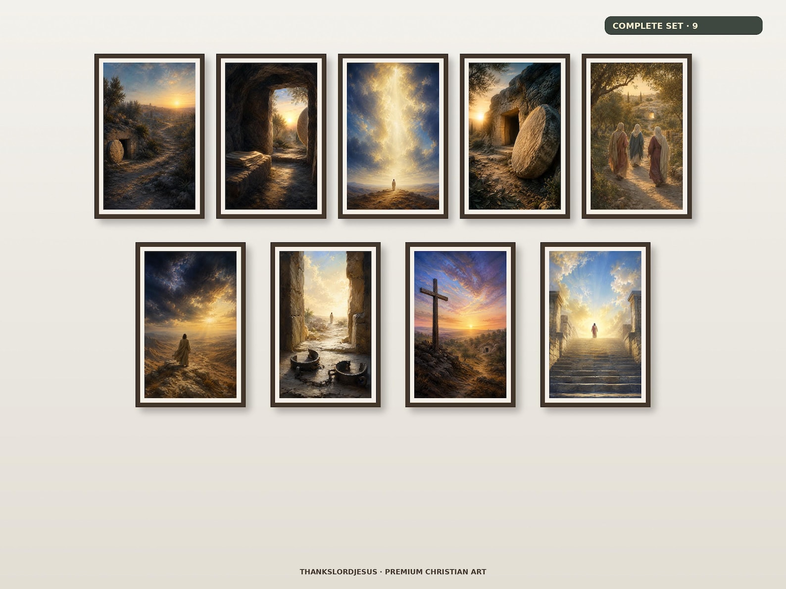 Clean gallery view of all 9 textless Resurrection and Victory Christian artworks included in Resurrection and Victory Complete Set of 9: He Is Risen, Empty Tomb at Sunrise, Risen Jesus in Heavenly Light, The Stone Rolled Away, Resurrection Morning, Jesus Victorious, Death Could Not Hold Him, The Cross and Empty Tomb, King Jesus Risen Lord.