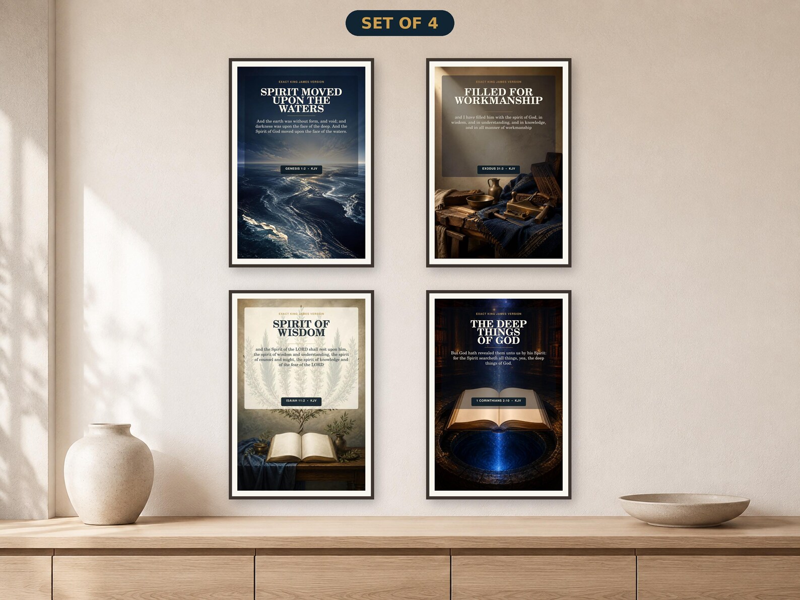 Creation & Wisdom • Set of 4 KJV Holy Spirit wall art set of four with a cohesive four-print gallery using primordial water, artisan tools, seven botanical branches, and an open-Bible deep-light motif.