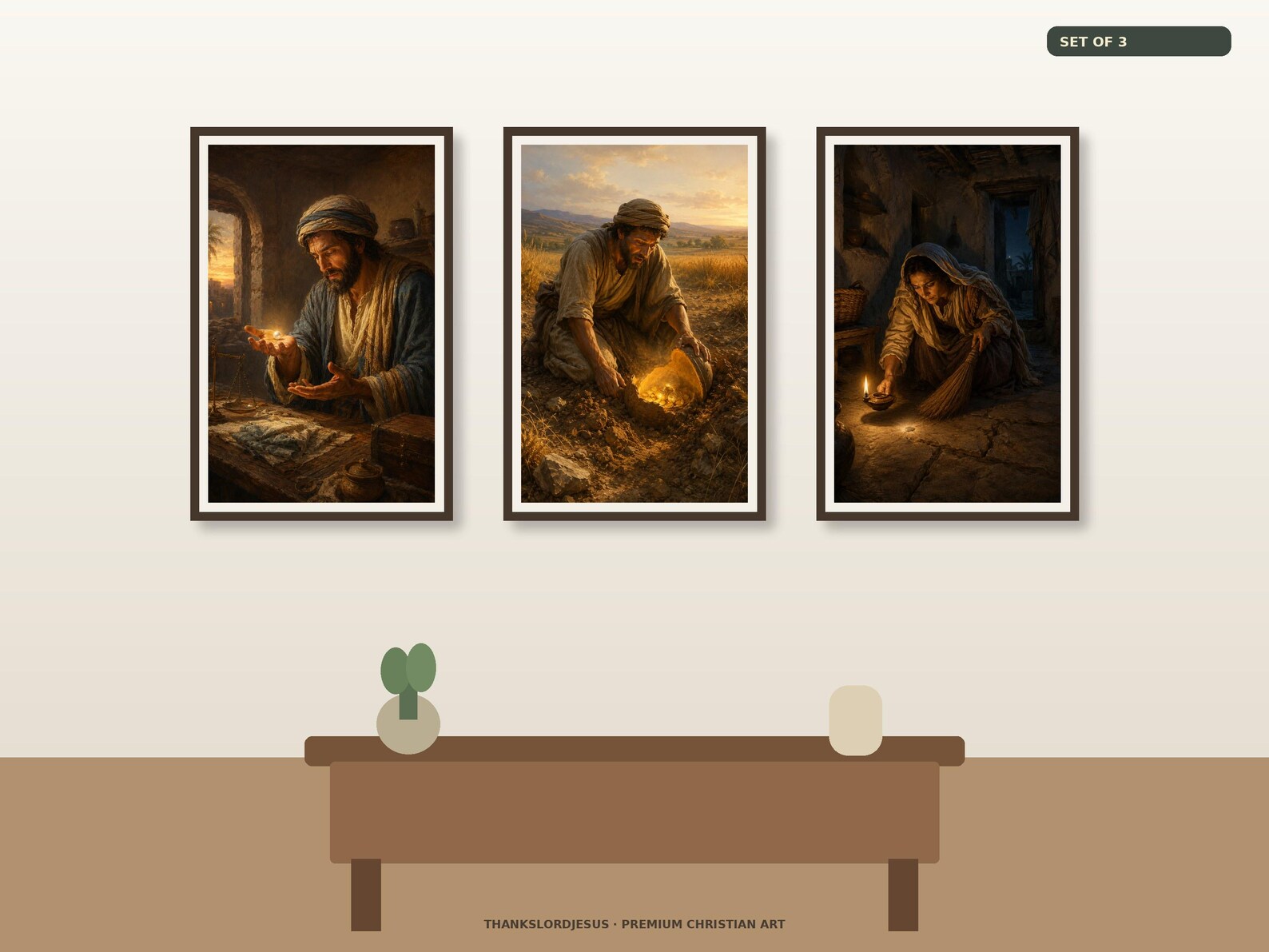 Clean airy hero mockup for Kingdom Treasure Parables Set of 3, with all 3 coordinated designs fully visible on a premium neutral wall.