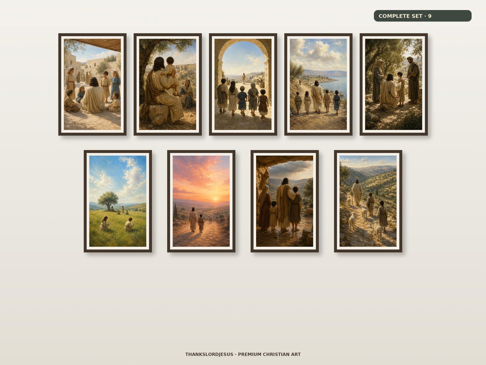 Clean airy hero gallery mockup for Jesus With Children Complete Set of 9, with all 9 designs clearly visible as a coordinated framed collection.
