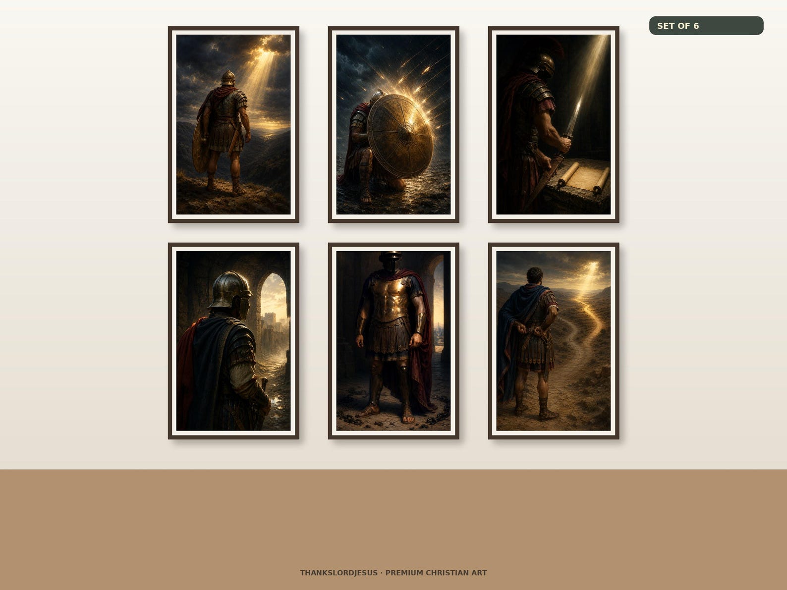 Clean airy hero gallery mockup for Complete Armor Pieces Set of 6, with all 6 designs clearly visible as a coordinated framed Armor of God collection.