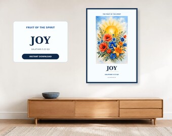 Joy Fruit of the Spirit Wall Art, Galatians 5:22-23 KJV Printable, Blue Botanical Christian Decor, Digital Download
