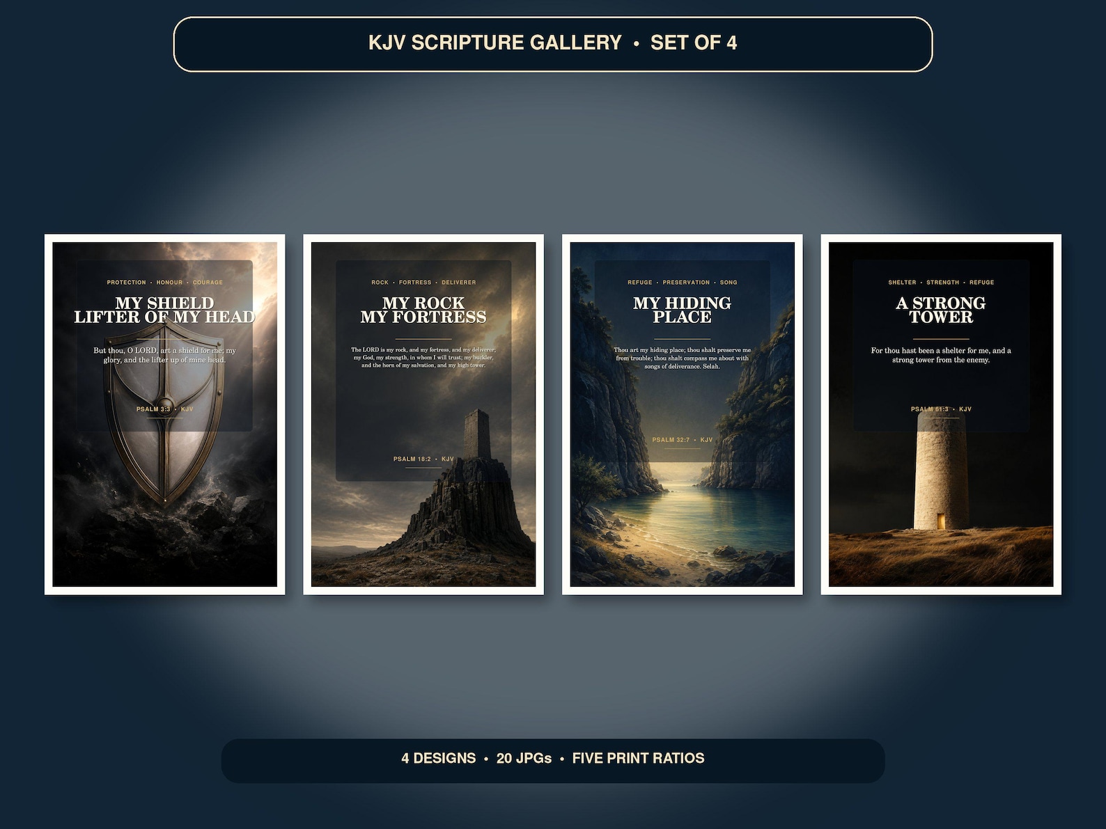 Psalms Shield and Refuge Wall Art Set of 4, KJV Prints Psalms Shield and Refuge Wall Art Set of 4, KJV Prints showing all 4 included Christian printable designs.