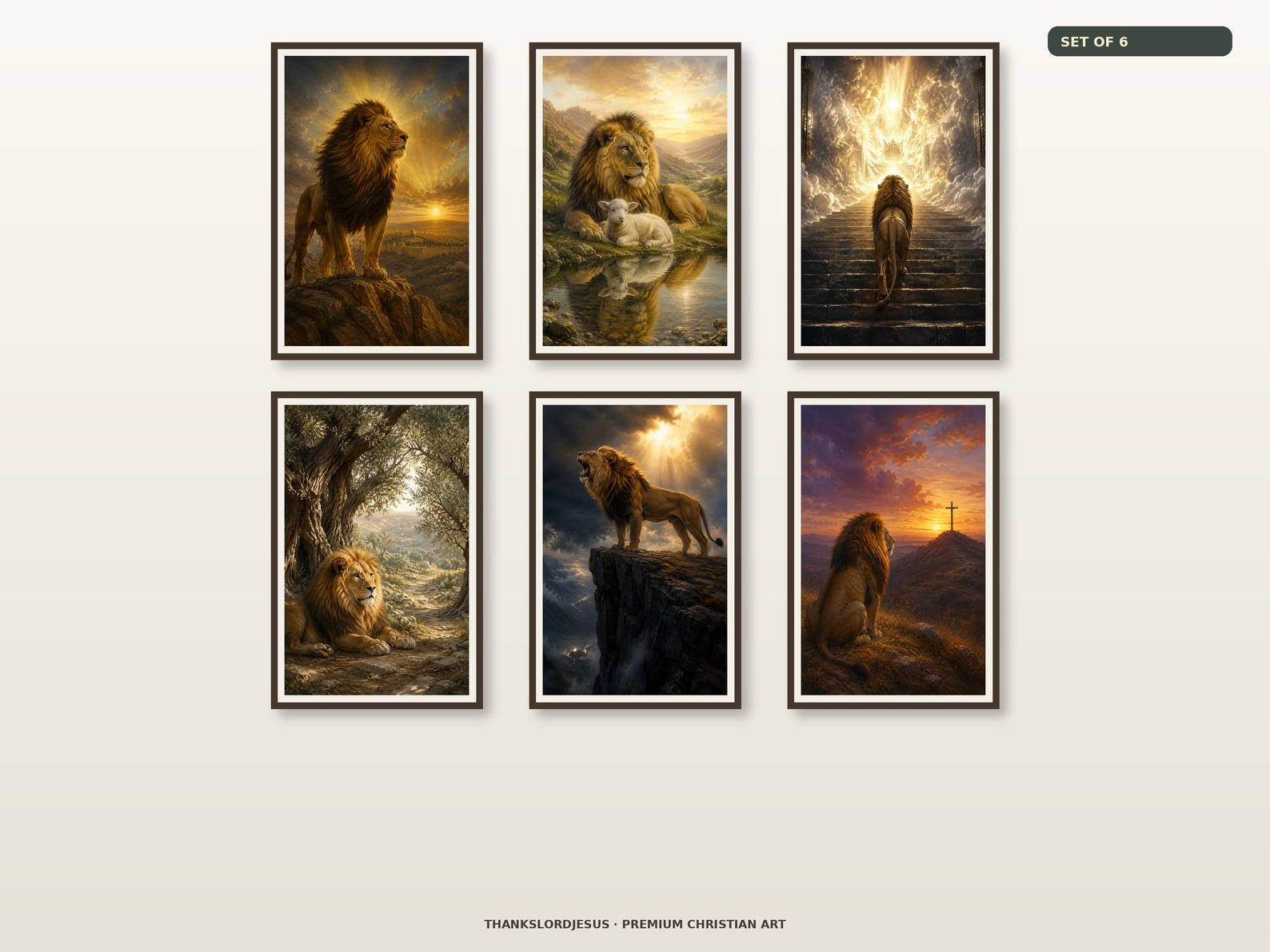 Clean airy hero gallery wall for Lion of Judah Premium Set of 6, with all 6 prophetic lion artworks fully visible and evenly spaced.