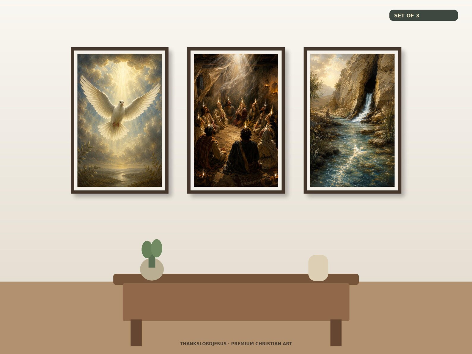 Clean airy hero mockup for Dove Fire and Living Water Set of 3, with all 3 coordinated Holy Spirit designs fully visible on a premium neutral wall.