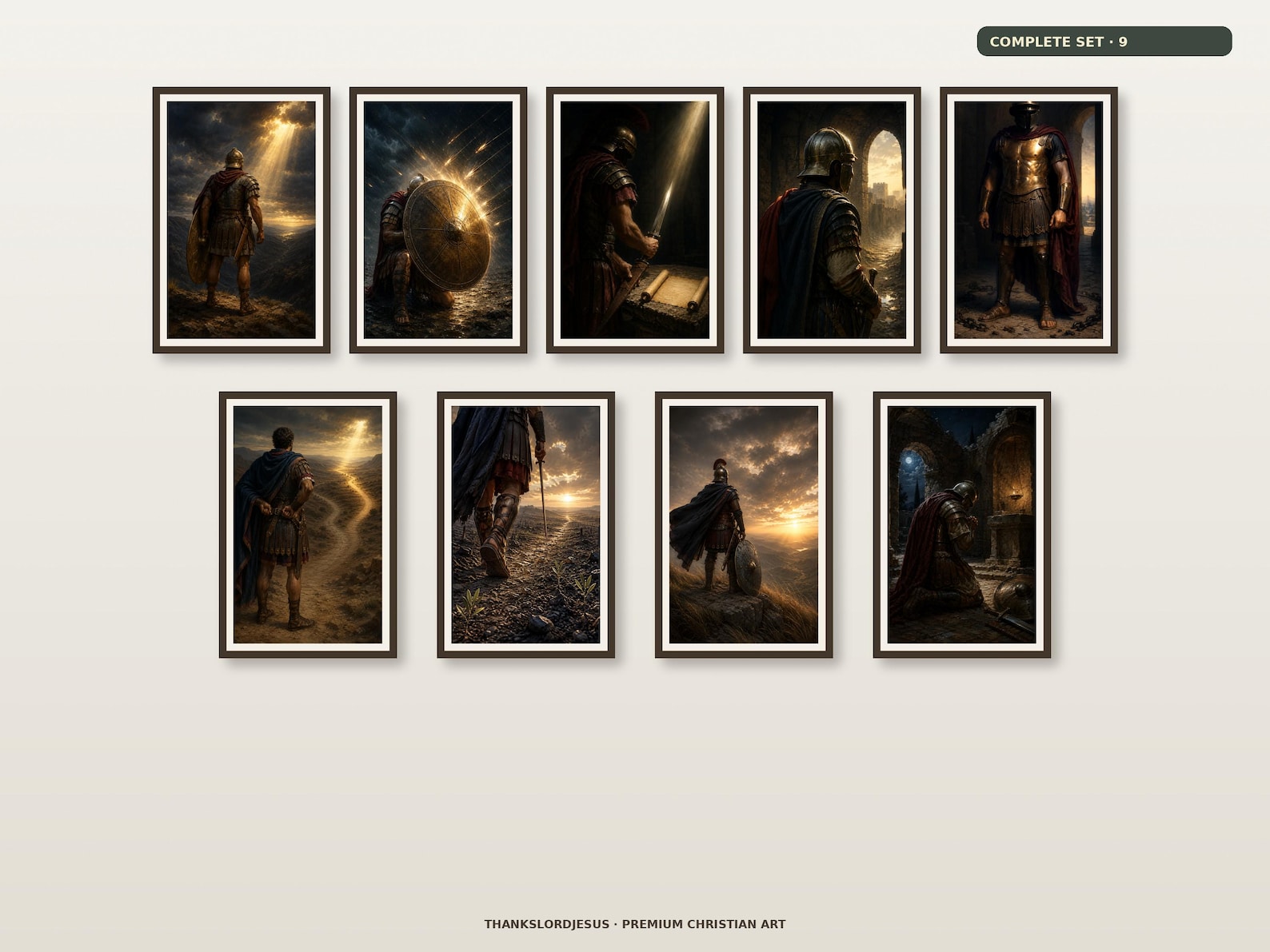 Clean airy hero gallery mockup for Armor of God Complete Collection Set of 9, with all 9 designs clearly visible as a coordinated framed Armor of God collection.