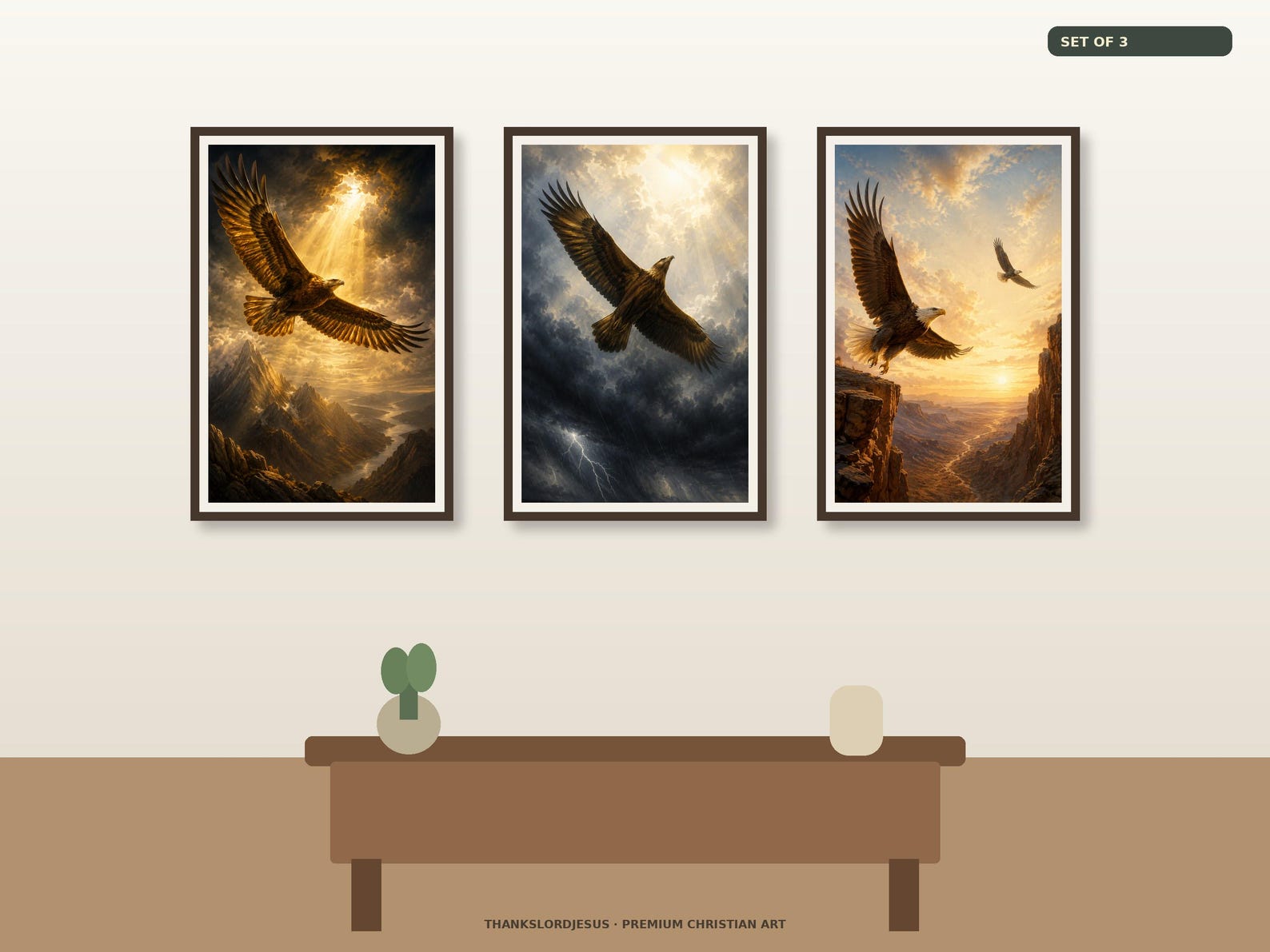 Wings of Renewal Eagle Wall Art Set of 3 — Prophetic Scripture Art Clean airy hero mockup for Wings of Renewal Eagle Wall Art Set of 3, with all 3 coordinated prophetic eagle designs fully visible on a premium neutral wall.