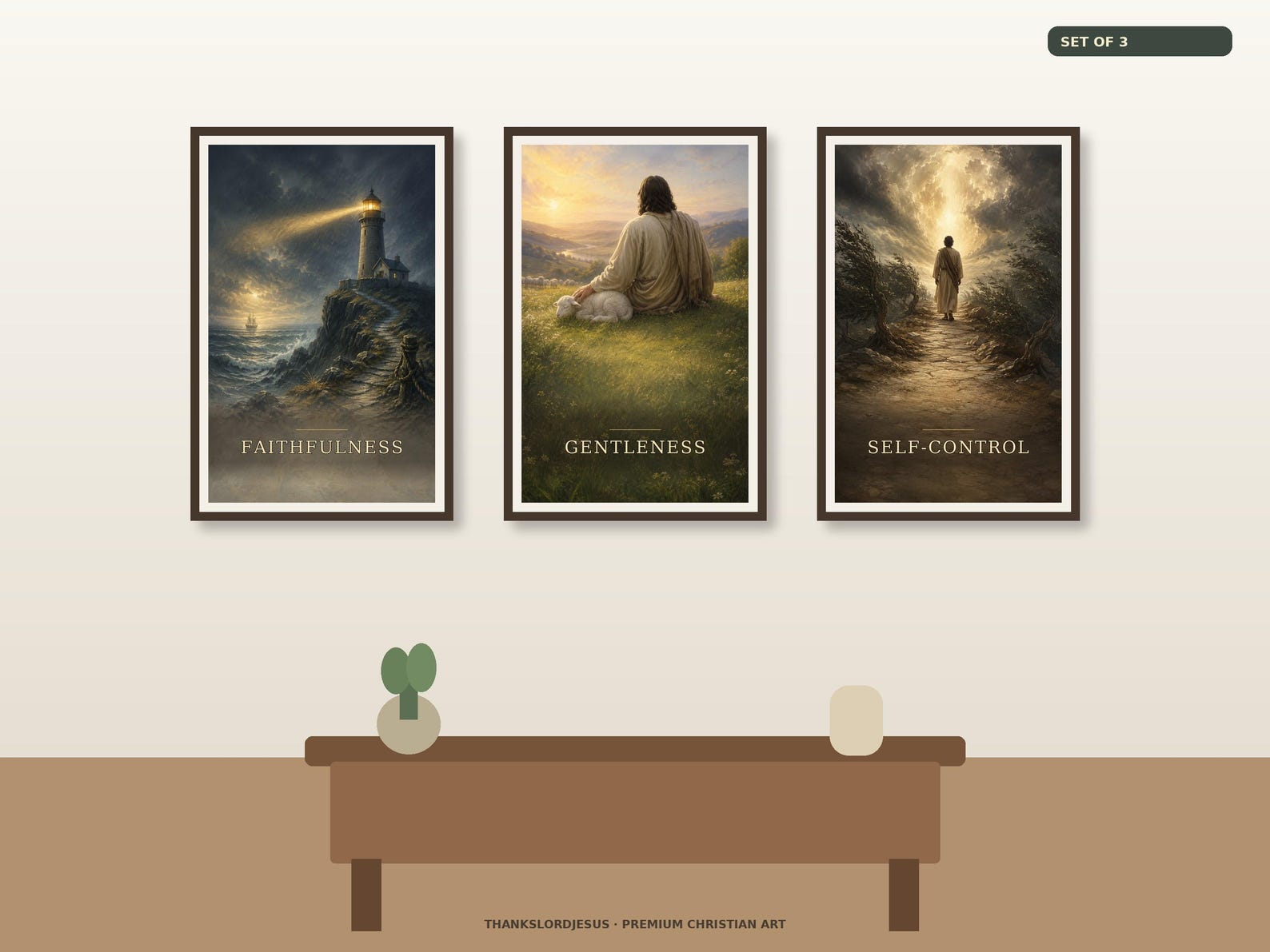 Neutral hero mockup for Faithfulness Gentleness and Self-Control Fruit of the Spirit Set of 3, with all 3 coordinated Fruit of the Spirit artworks visible as the main focus.