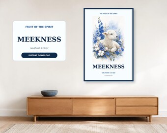 Meekness Fruit of the Spirit Wall Art, Galatians 5:22-23 KJV Printable, Blue Botanical Christian Decor, Digital Download