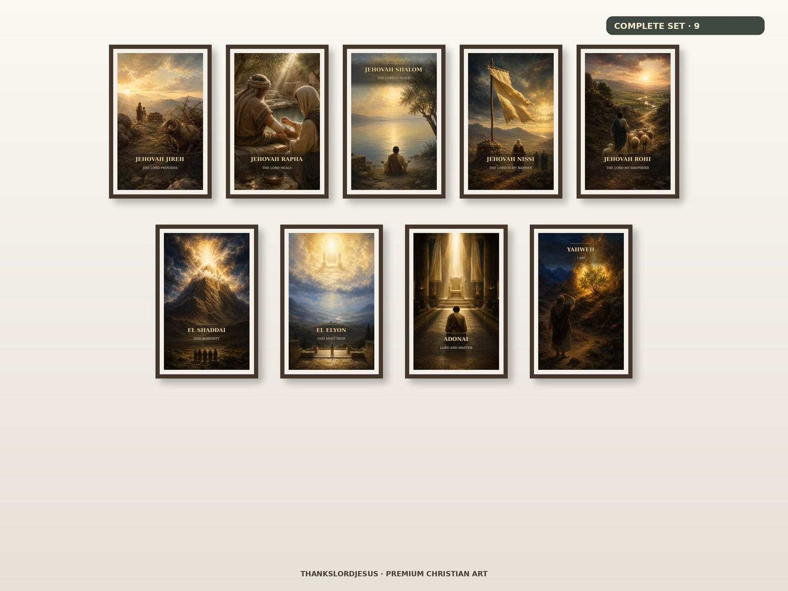 Clean airy hero gallery wall for Complete Names of God Premium Set of 9, with all 9 Names of God artworks fully visible and evenly spaced.