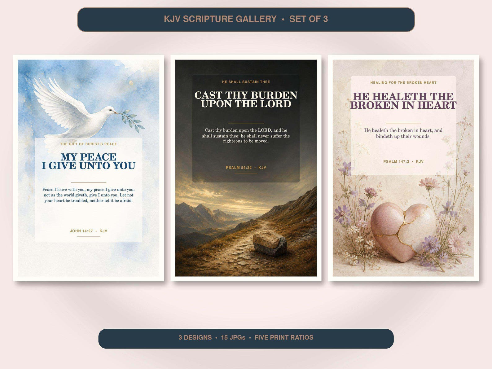 Comfort and Healing Wall Art Set of 3, KJV Scripture Prints showing all 3 included Christian printable designs.