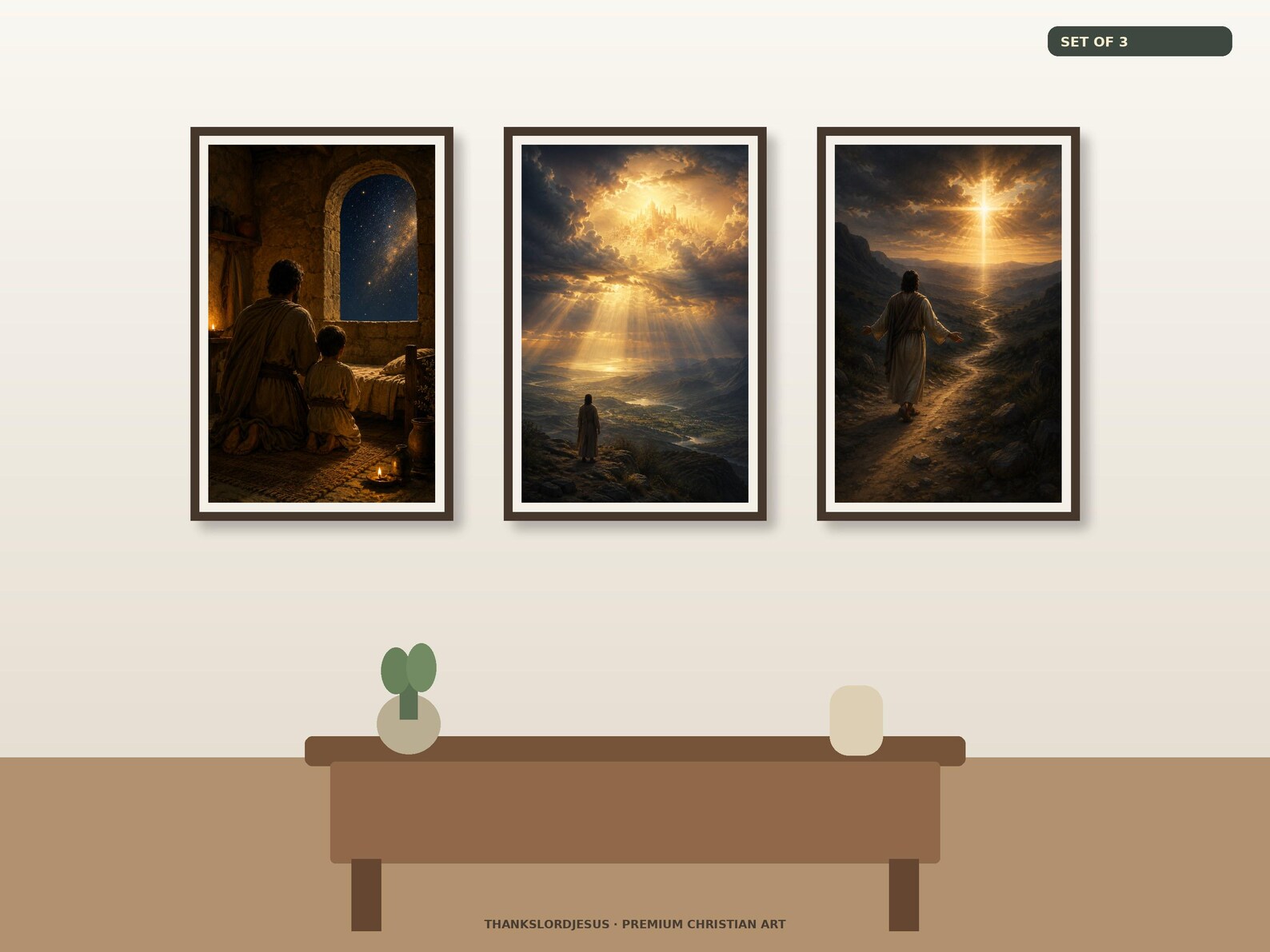 Clean airy hero mockup for The Lord's Prayer Opening Set of 3, with all 3 coordinated prayer designs fully visible on a premium neutral wall.