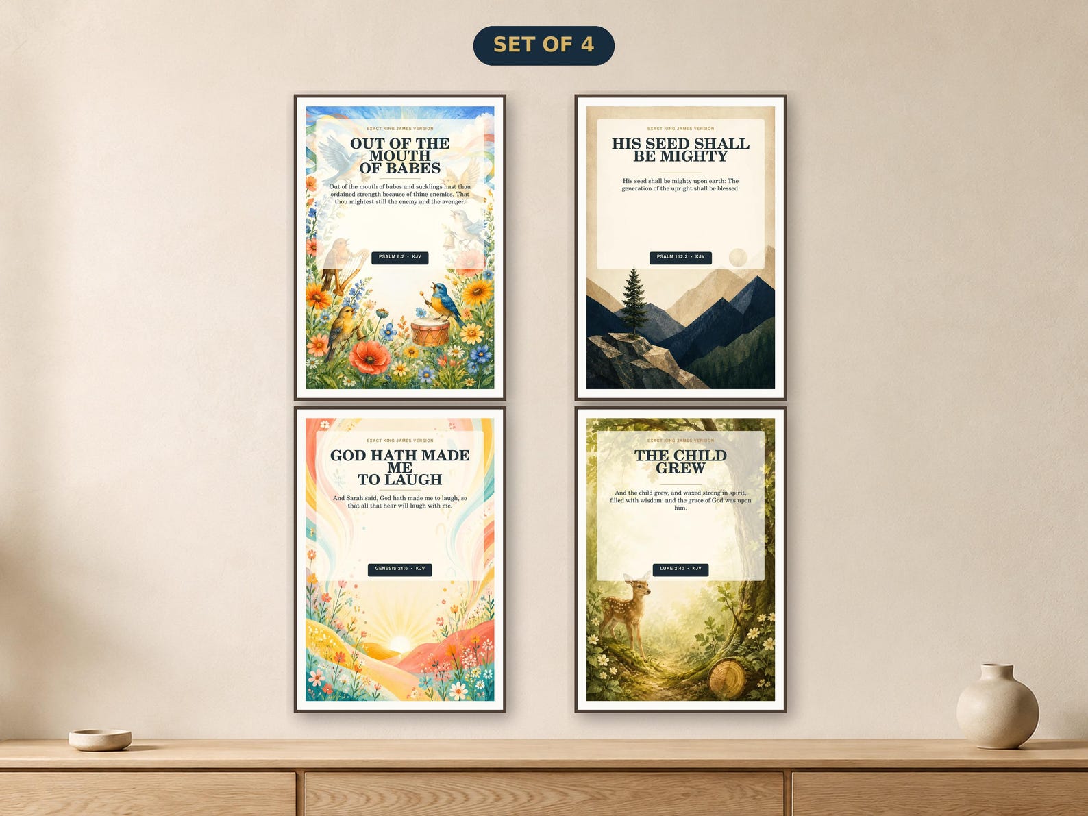 Growing in Faith • Set of 4 KJV Christian nursery wall art set of four using the actual component designs.