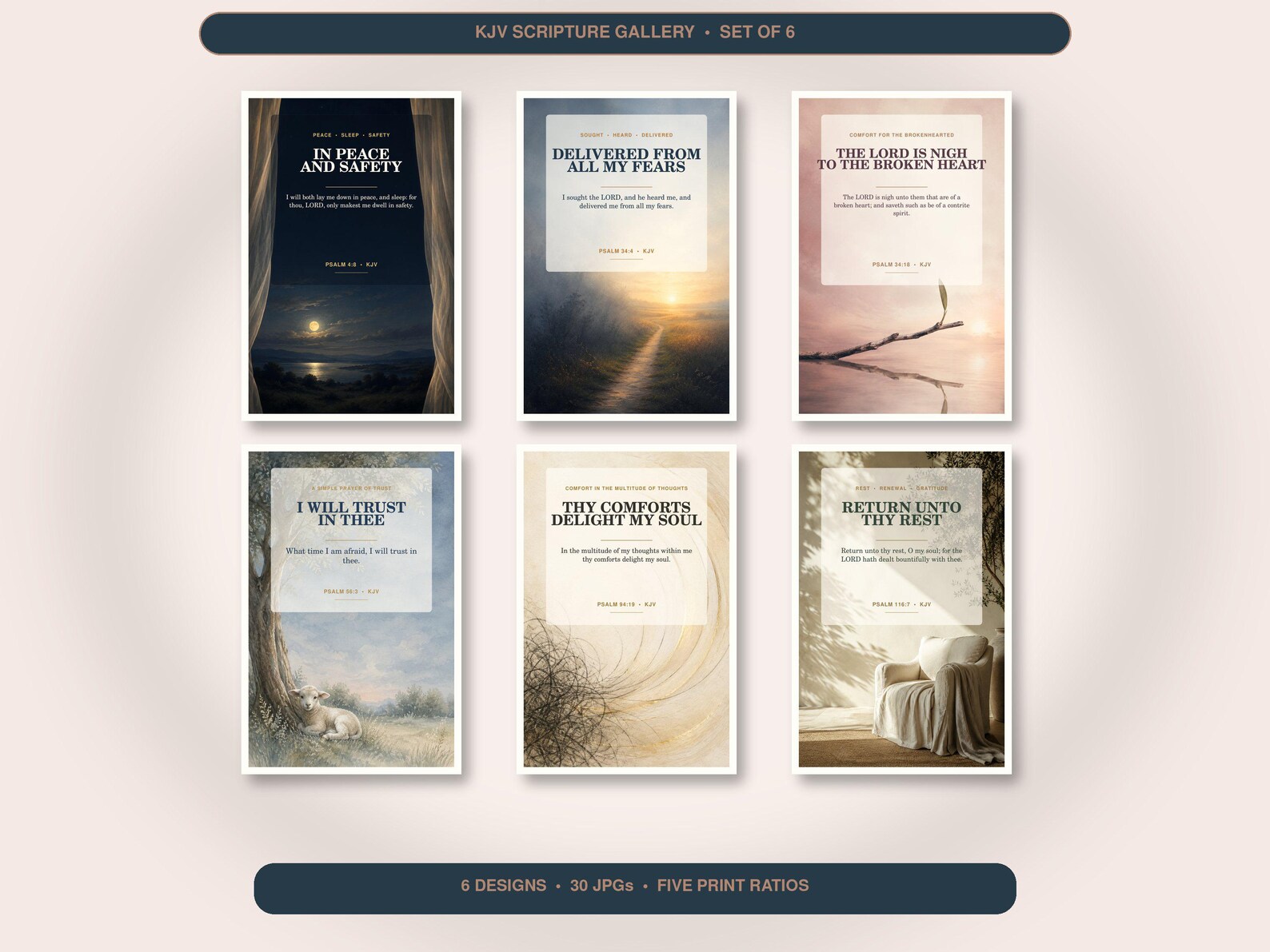 Psalms Peace and Comfort Wall Art Set of 6, KJV Bundle showing all 6 included Christian printable designs.