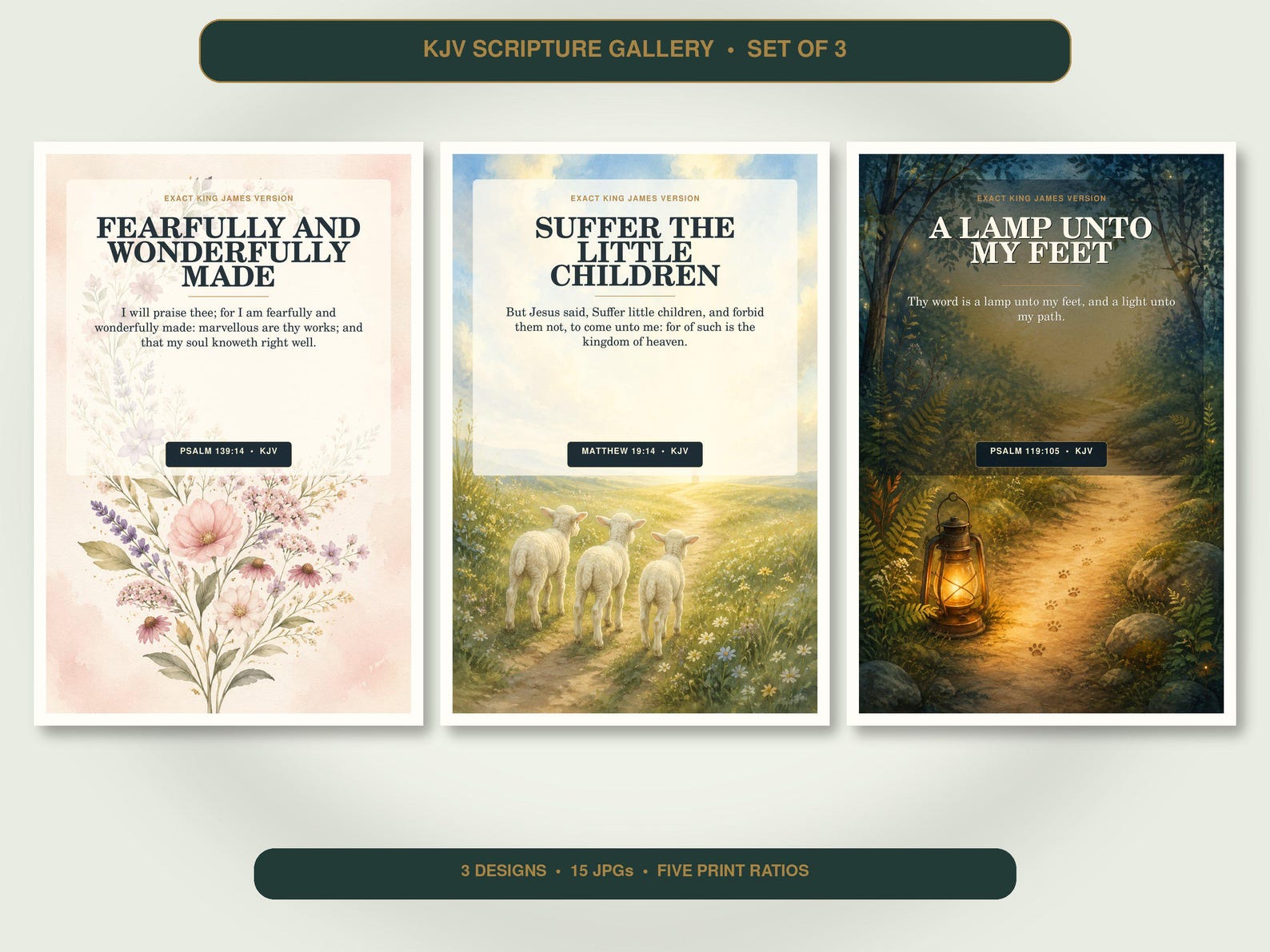 Christian Nursery and Kids Wall Art Set of 3, KJV Prints showing all 3 included Christian printable designs.