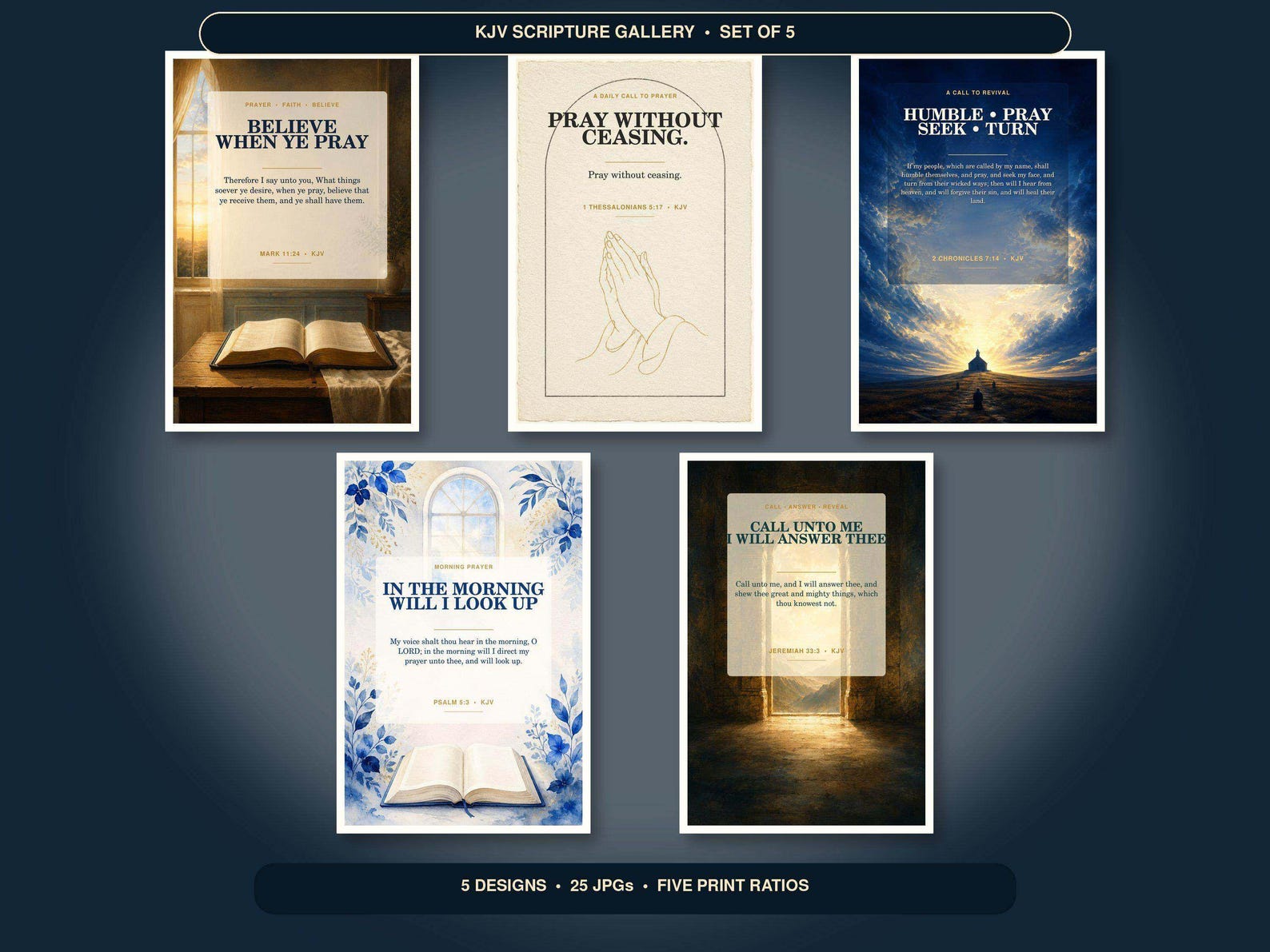 Prayer Room Scripture Wall Art Set of 5, KJV Printable Bundle Prayer Room Scripture Wall Art Set of 5, KJV Printable Bundle showing all 5 included Christian printable designs.