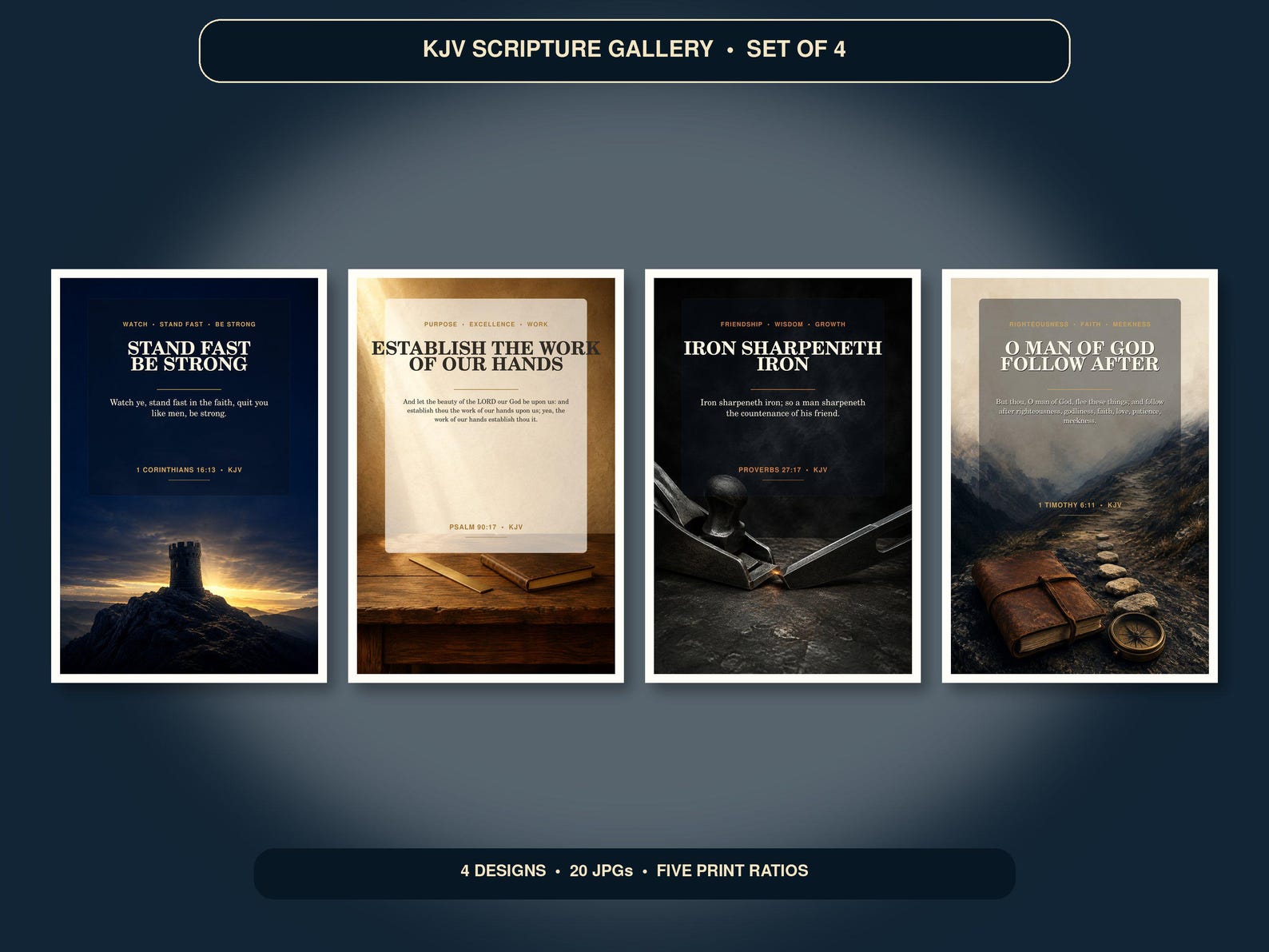 Christian Men's Office Wall Art Set of 4, KJV Prints showing all 4 included Christian printable designs.