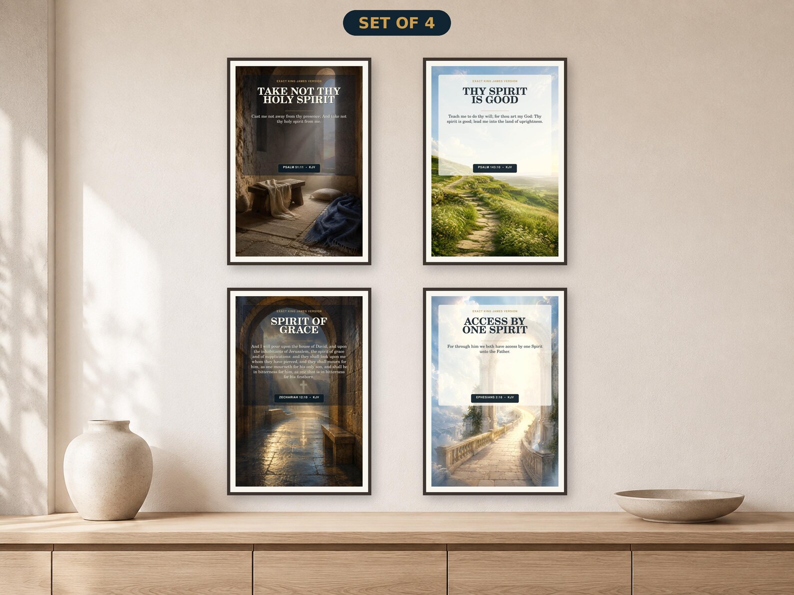 Prayer & Guidance • Set of 4 KJV Holy Spirit wall art set of four with a quiet four-print gallery uniting prayer alcove, green path, Jerusalem rain arch, and bridge-to-heaven compositions.