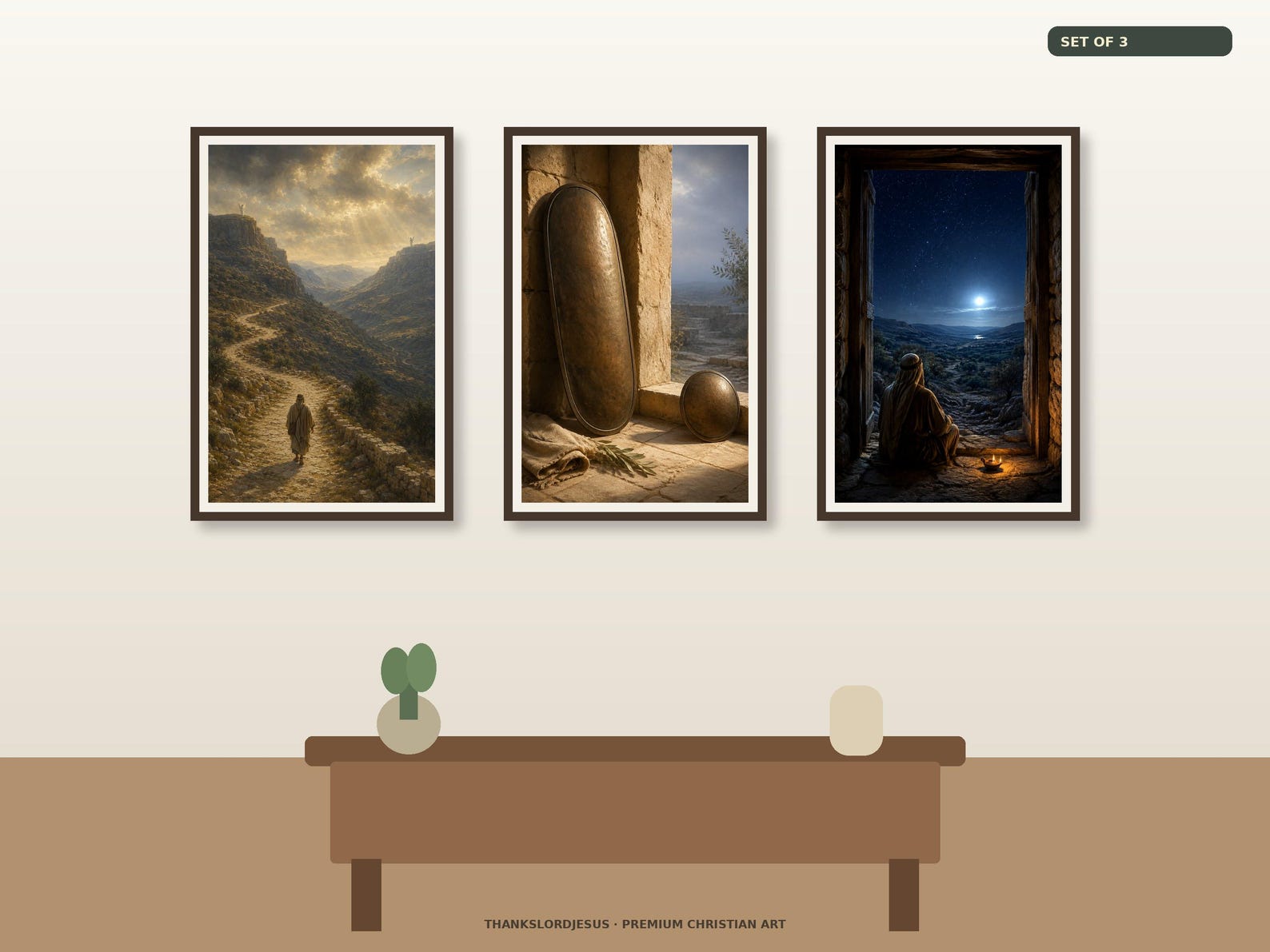 Clean airy hero gallery mockup for Psalm 91 Angels, Shield and Night Courage Set of 3, with all 3 designs clearly visible as a coordinated framed collection.