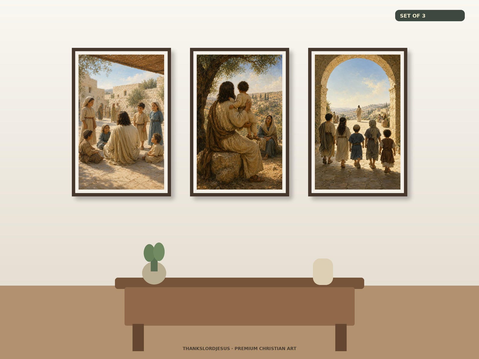 Clean airy hero gallery mockup for Jesus Welcomes the Children Art Set of 3, with all 3 designs clearly visible as a coordinated framed collection.