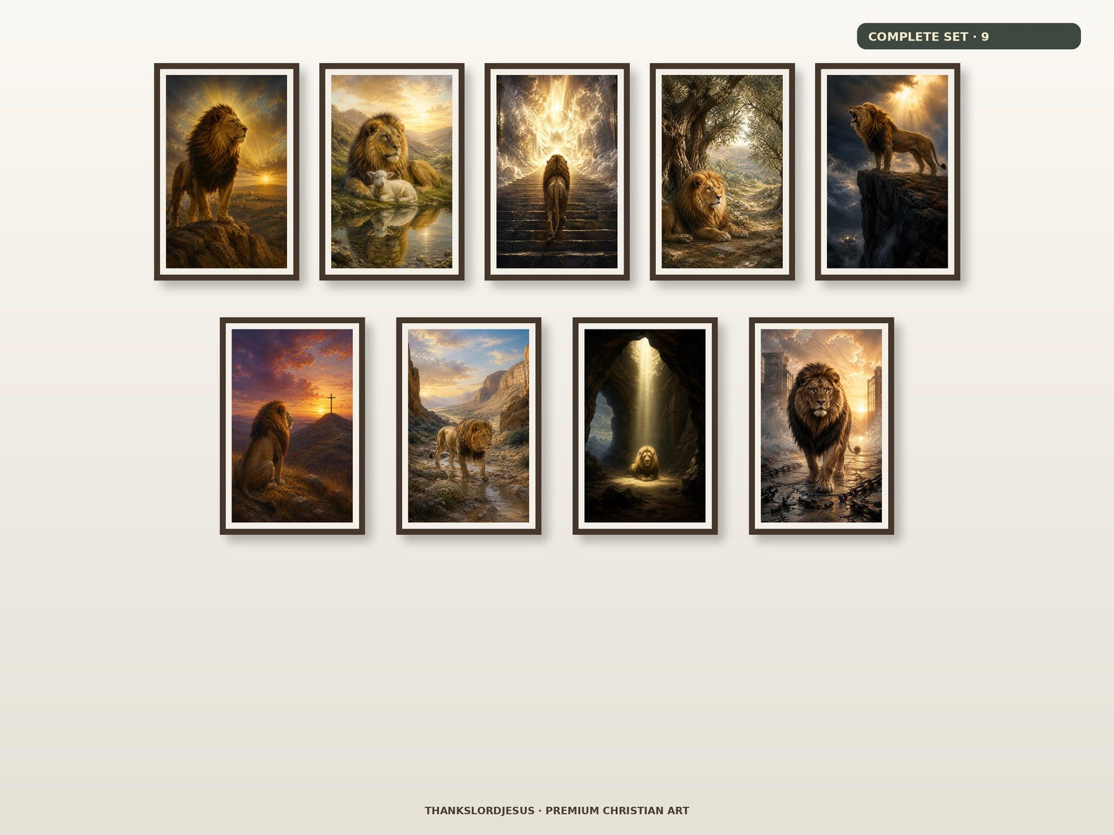 Clean airy hero gallery wall for Complete Lion of Judah Premium Set of 9, with all 9 prophetic lion artworks fully visible and evenly spaced.