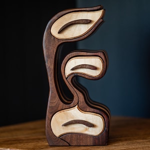 May include: A vertical wooden jewelry box featuring three stacked drawers with curved, organic shapes. The structure is crafted from dark brown walnut wood, while the drawer fronts are made of light-colored maple wood with dark walnut handles.