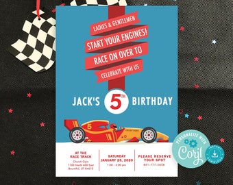 May include: A red and blue race car birthday invitation with a red race car and the text "Jack's 5th Birthday". The invitation includes details for a birthday party at a church gym, including the date, time, and address.
