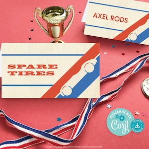 May include: Two retro-style cards with the text "SPARE TIRES" and "AXEL RODS" in red. Each card has a red and blue diagonal stripe design with a car silhouette. A gold trophy, a medal, and a red background complete the scene.