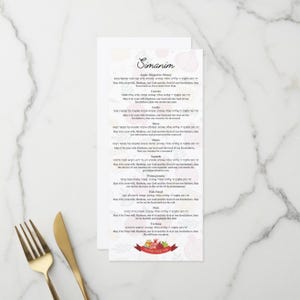 May include: A rectangular white card titled Simanim featuring a list of traditional Rosh Hashanah foods with English and Hebrew text. The design includes faint illustrations of fruits and vegetables, with a colorful graphic at the bottom.